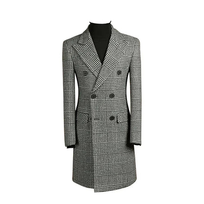 Autumn Winter Houndstooth Men's Long Coat Double Breasted Classic Jacket for Wedding Formal Blazers Groom Business Tuxedos