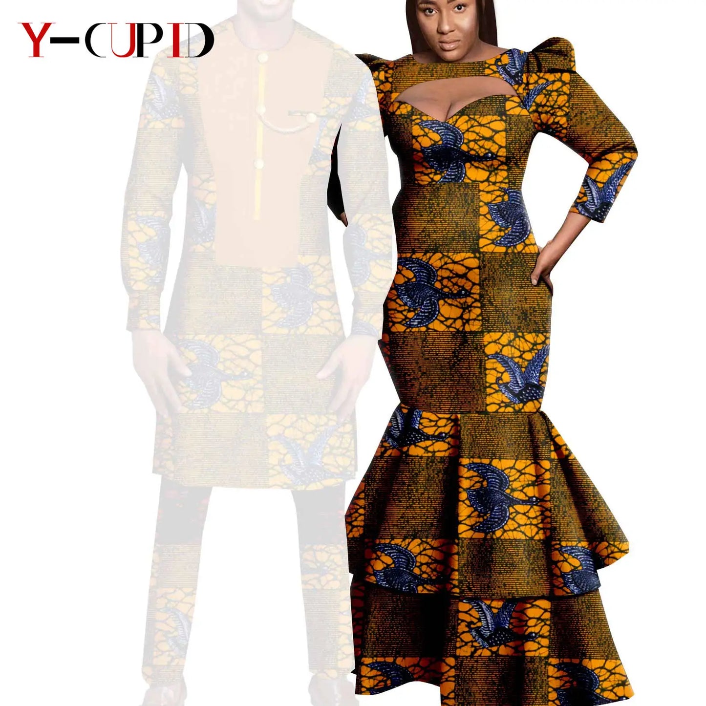 African Print Long Dresses for Women Matching Men Outfit Dashiki Top and Pant Sets Couples Clothes Kaftan Party Outwear Y23C054