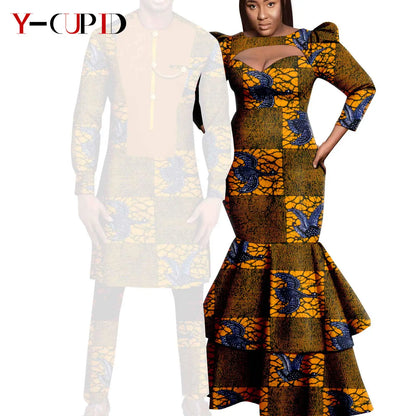 African Print Long Dresses for Women Matching Men Outfit Dashiki Top and Pant Sets Couples Clothes Kaftan Party Outwear Y23C054