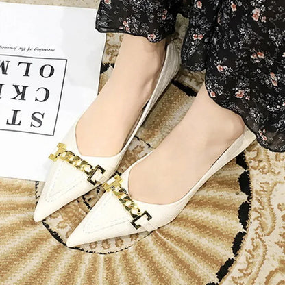 Women 4.5cm High Heels Fashion Apricot Work Pumps Lady Patent Leather Pointed Toe High Heels Female Elegant Metal Chain Shoes