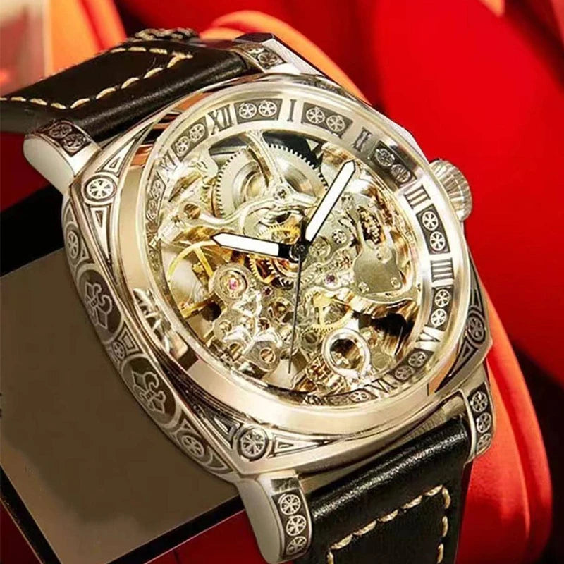A MEN'S Black Zinc Alloy Business Style Luminous Carved Fully Automatic Tourbillon Hollow Mechanical Watch
