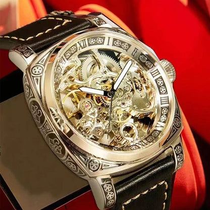 A MEN'S Black Zinc Alloy Business Style Luminous Carved Fully Automatic Tourbillon Hollow Mechanical Watch