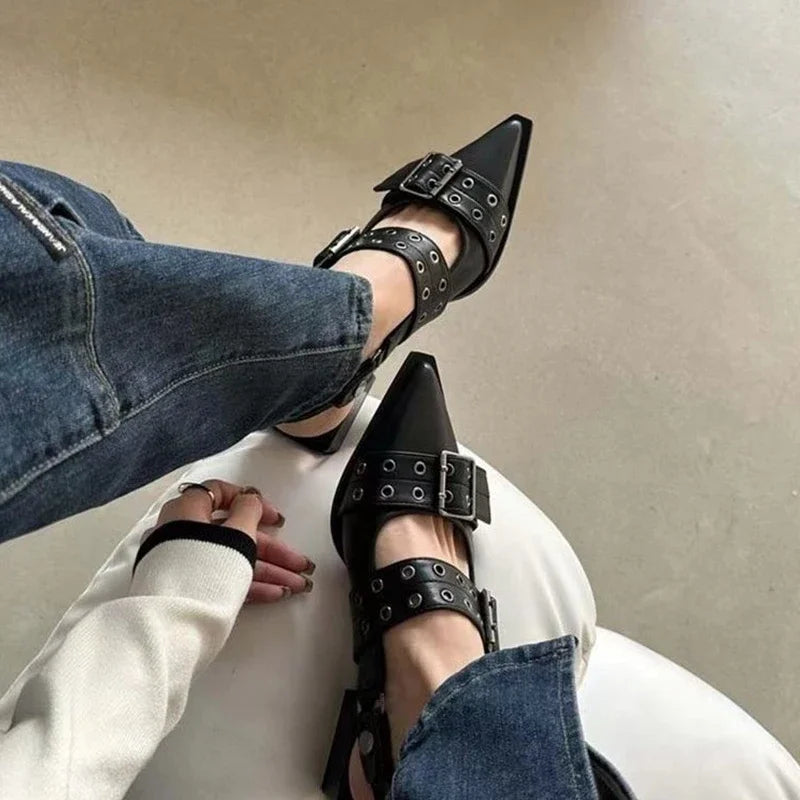 Women's New French Style Pointed Toe Mary Jane Shoes Retro Medium Thick Heel Shoes for Women with Skirts and Small Leather Shoes