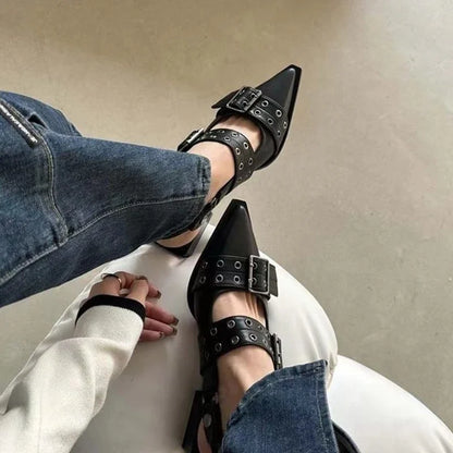Women's New French Style Pointed Toe Mary Jane Shoes Retro Medium Thick Heel Shoes for Women with Skirts and Small Leather Shoes