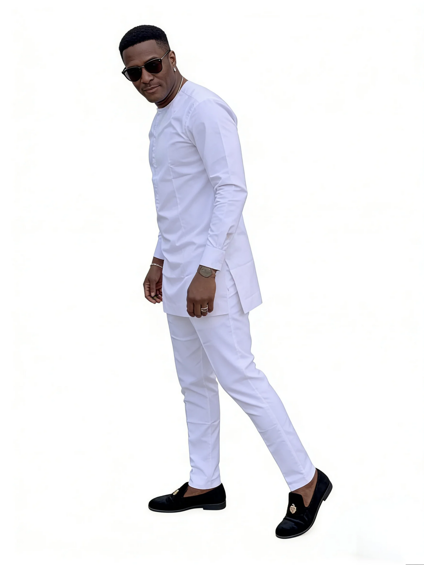 Men's Sets Solid White Long Sleeve Tops & Trousers Original Design Pant Suits Tailored African Couture Party Wear