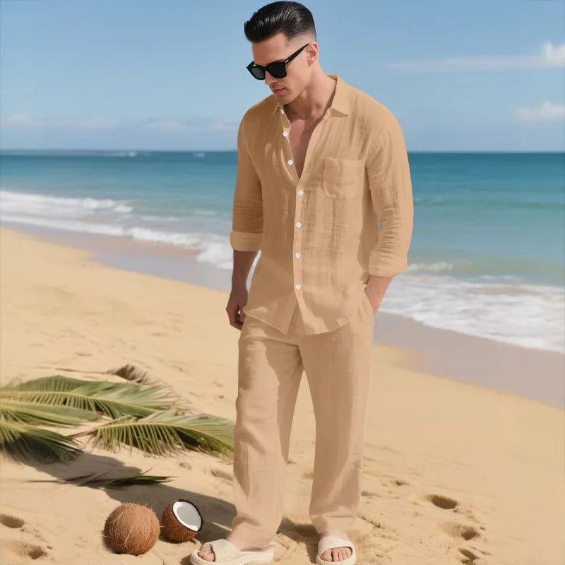 The 2026 Summer Men's linen short-sleeved shirt set is a two-piece long pants set suitable fordaily casual beach vacations 2Pcs
