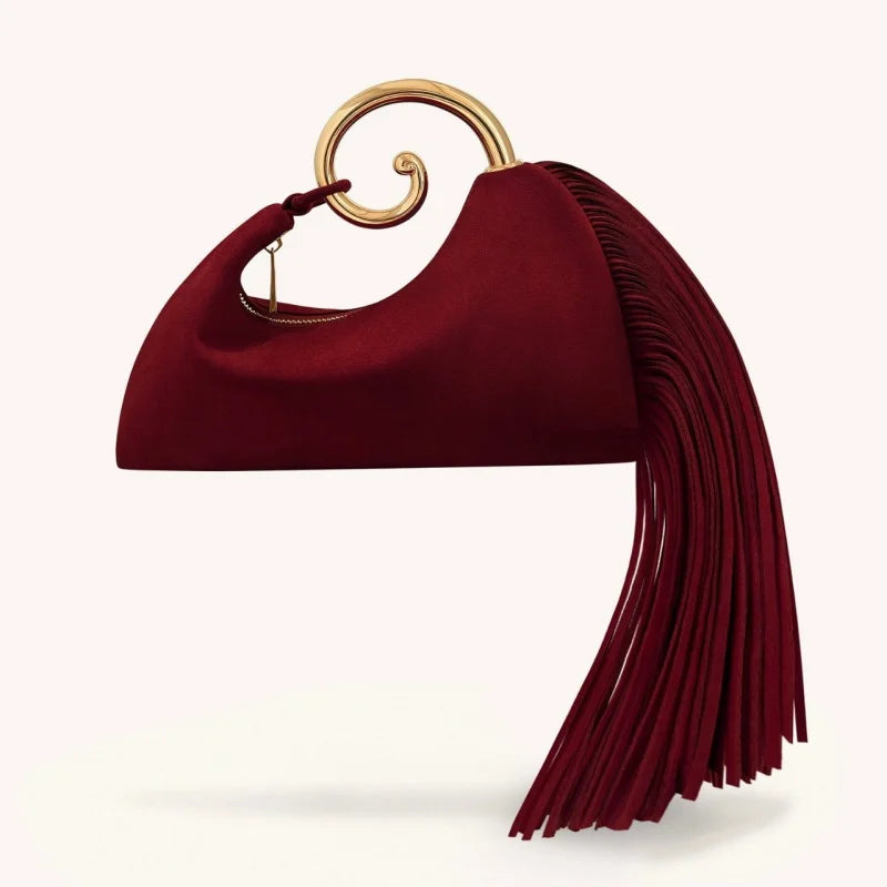 Trendy Creative Horsetail Shape Women's Handbag French Elegant Tassel Design Metal Ring Cloud Bag Prom Clutch Purse Banquet Bags