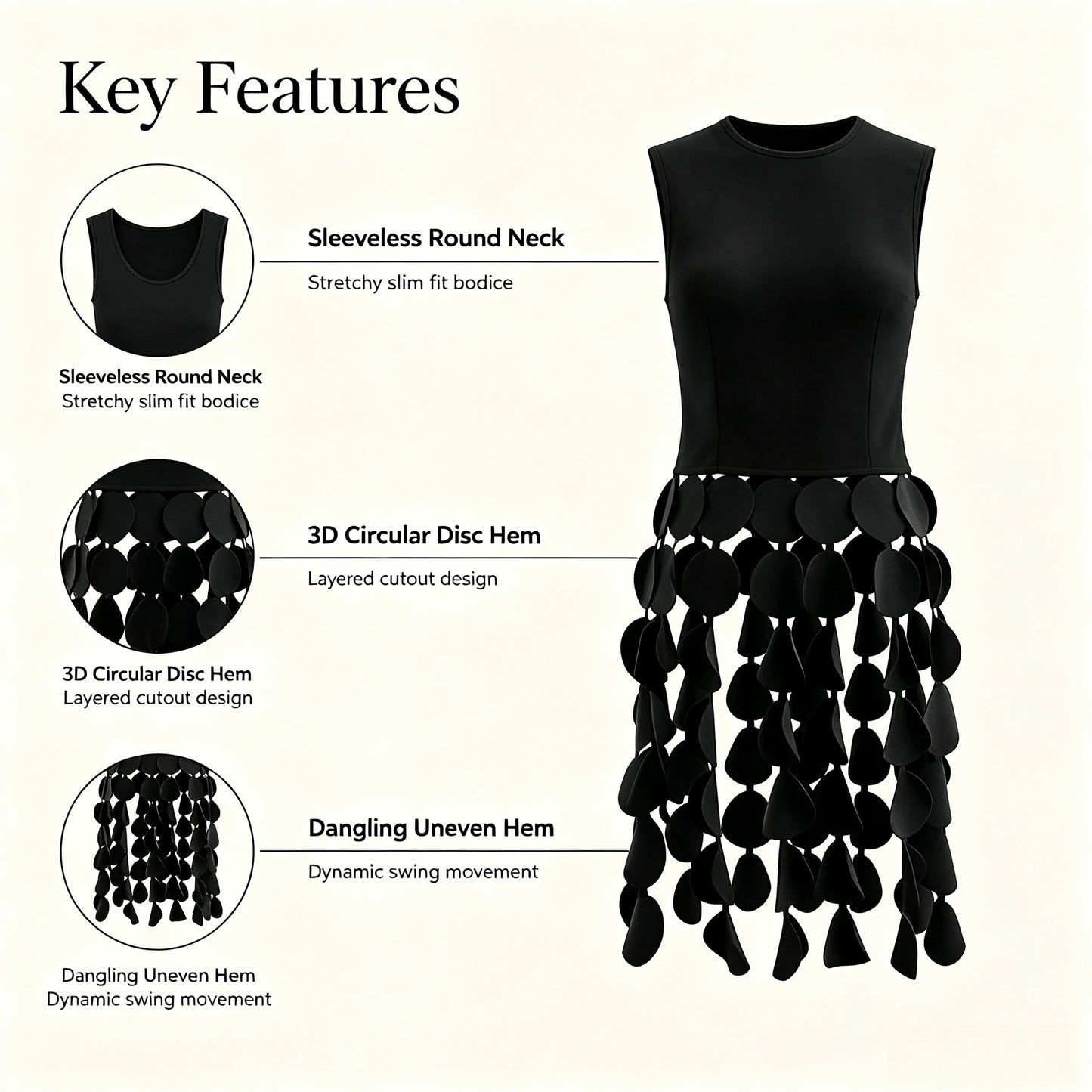 Bonboho Women's Solid Black Sleeveless Vest Top Round Neck Slim Fit T-shirt 2026 Stylish Party T-shirt with 3D Circular Cutout