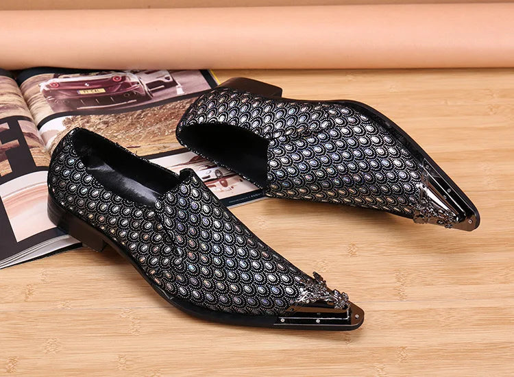 2024 Western Fashion Pointed Metal Toe Dress Shoes Blue Grey Party Wedding Leather Shoes for Men