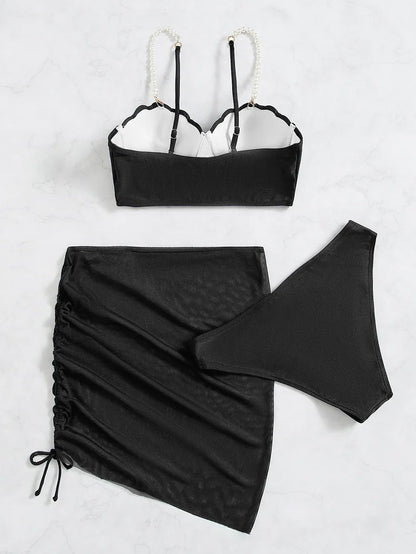 2025 New Sexy Three-piece Bikini Women Solid Drawstring Skirt Swimsuit Sling Backless Swimwear Tight Gathered Beach Bathing Suit