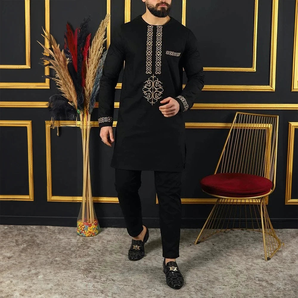 2025 African Sets For Men Autumn Striped Print Casual Dashiki Ethnic Style Long O-Neck Fashion Wedding Two-piece Suit New