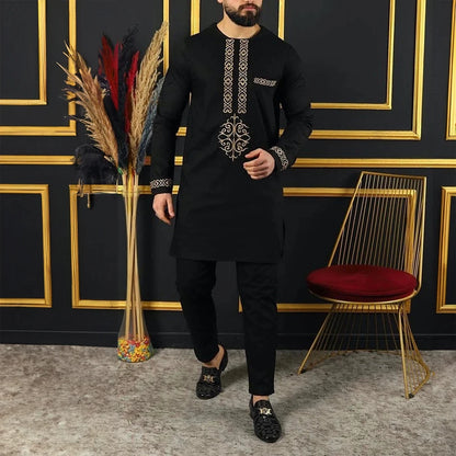 2025 African Sets For Men Autumn Striped Print Casual Dashiki Ethnic Style Long O-Neck Fashion Wedding Two-piece Suit New