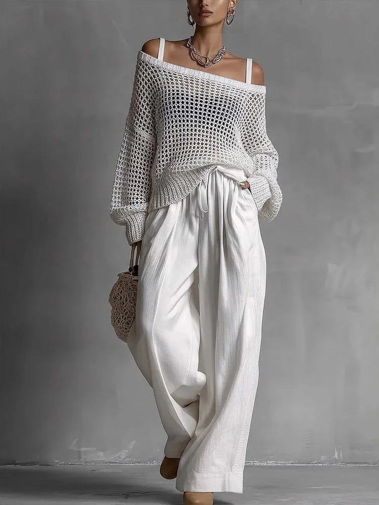 Cotton Casual Pants Sets for Women's Solid Long Sleeve hollow out knit Top Summer Outfit Elastic Waist OL Workwear Wide Leg Suit