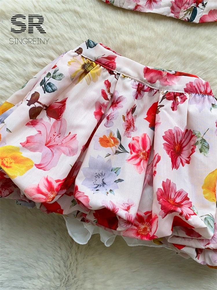 SINGREINY Summer Beach Floral Suits Strapless Sensual Bustier Tank Top+Mini Bud Skirt French Style Women Slim Hotsweet 2Pcs Sets