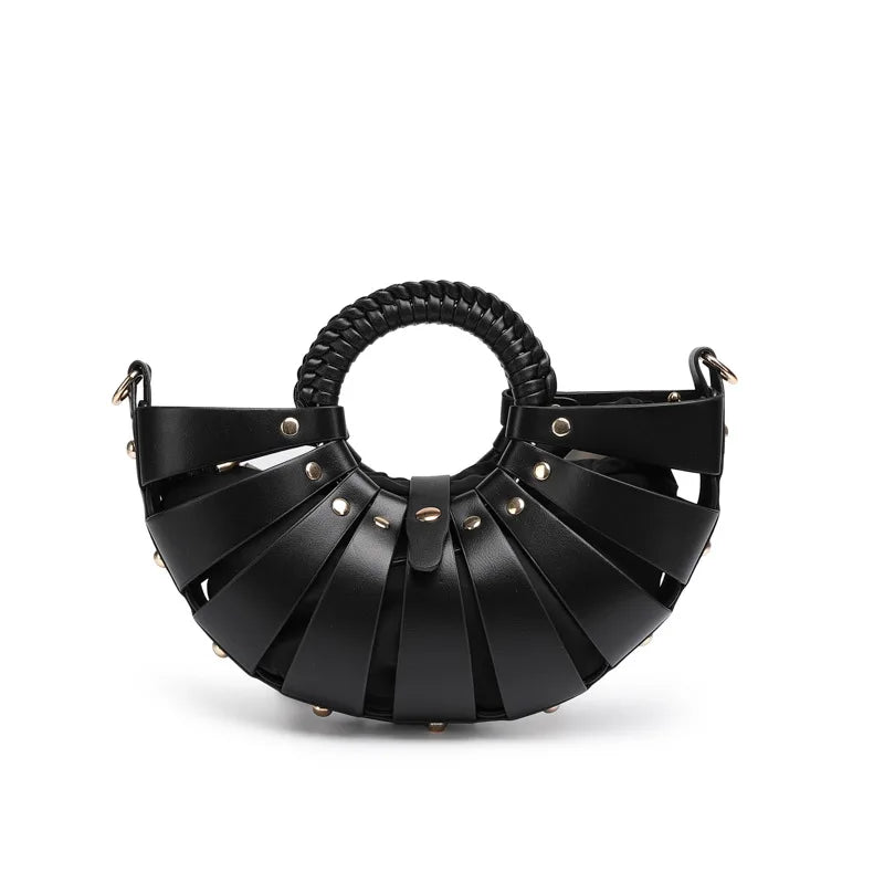 New Women's Fashionable Ring Design Crossbody Bag Hollowed Out Inner Bag Shell Bag Vegetable Basket Handbag Retro Woven Handbag