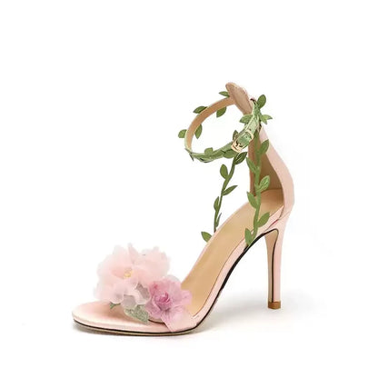 2025 summer new open toed slim heel pink flower fairy style buckle with high heels wedding shoes women's sandals