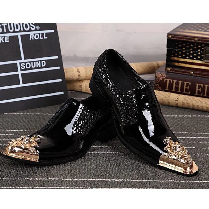 2024 Western Fashion Pointed Metal Toe Dress Shoes Blue Grey Party Wedding Leather Shoes for Men