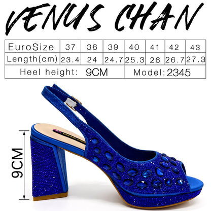 Venus Chan Elegant Gold Striped Peep Toe High Heels and Matching Bag Set – Rhinestone Decor for Parties and Weddings