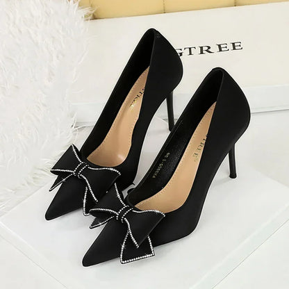 BIGTREE Fashion Korean Version 10cm High Heels Pumps Silk Shallow Pointed Toe Crystal Butterfly BowKnots Lady Red Purple Shoes