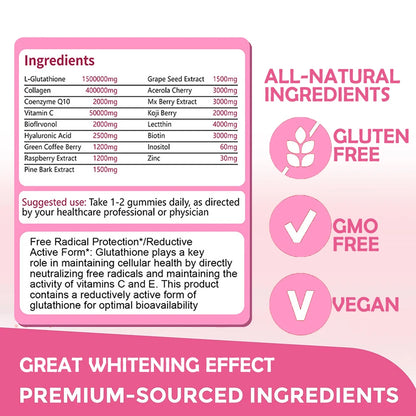 GLUTA WHITE 1500000MG Glutathione Skin Whitening Supplement Anti Aging, UV Protection, Even Skin Tone & Scar 30 Softgel Capsules