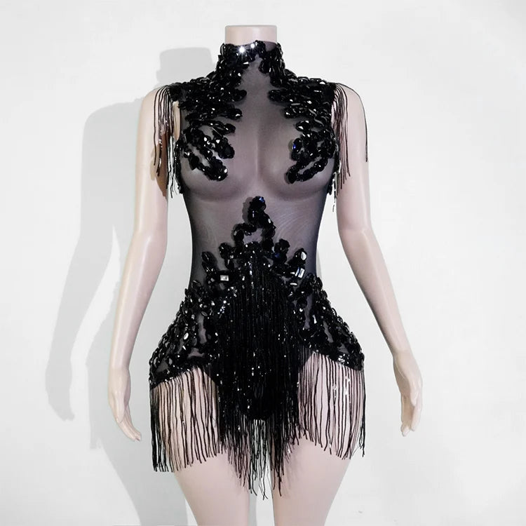 Sexy Mesh Sheer Black Rhinestone Tassel Bodysuit Women Singer Dancer Stage Show Outfit Nightclub Leotard Party Performance Wear