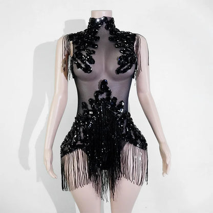 Sexy Mesh Sheer Black Rhinestone Tassel Bodysuit Women Singer Dancer Stage Show Outfit Nightclub Leotard Party Performance Wear