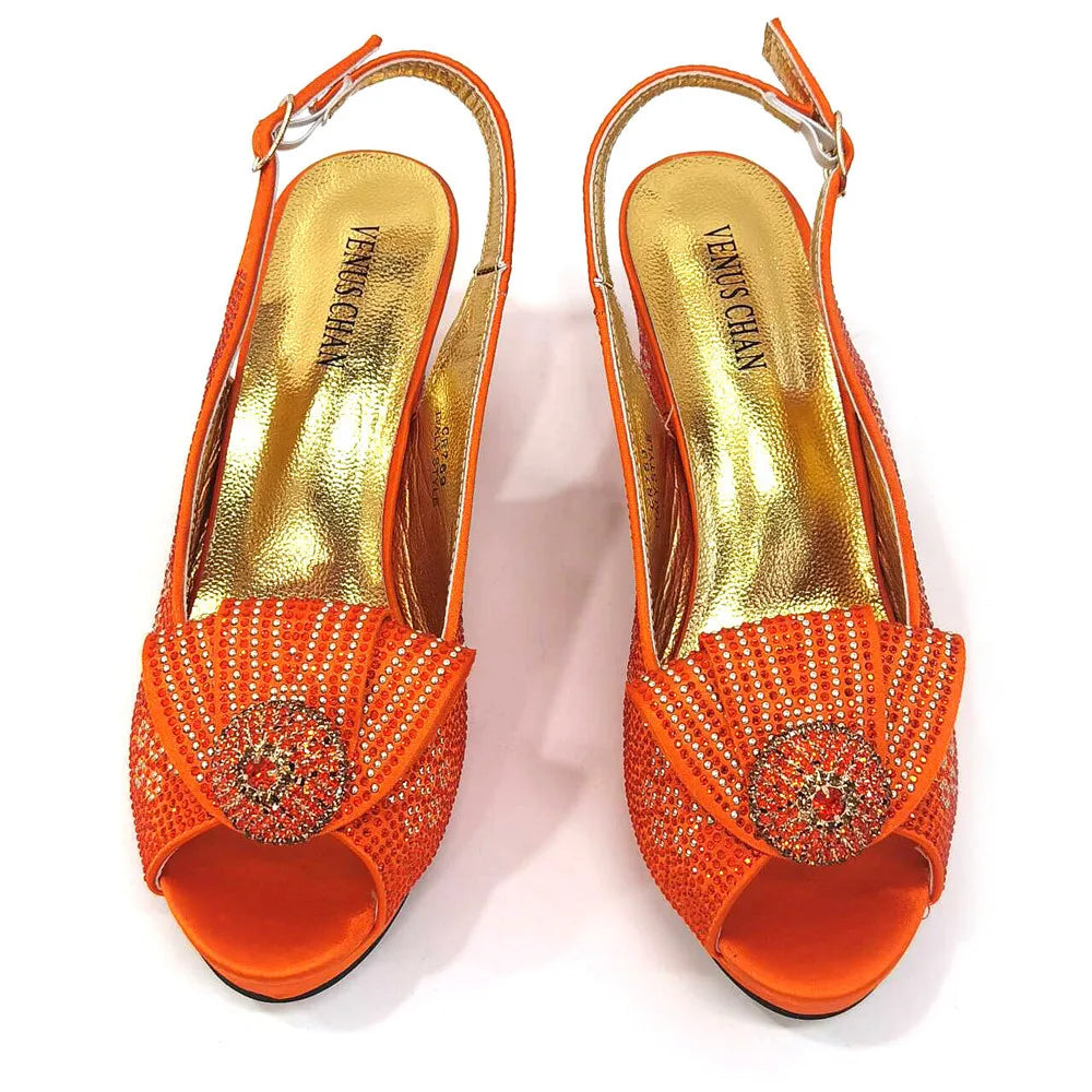 Venus Chan 2024 Italian Design Girly Style Golden Color Wedding Shoes And Bag Full Diamond Decoration Metal Closure Bags