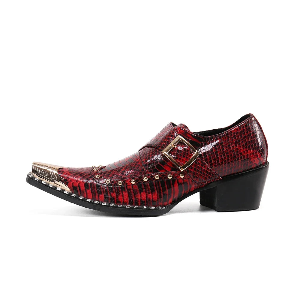 steel toe high heels Snake pattern red black wedding oxford for men rivets formal shoes men genuine leather party shoes men