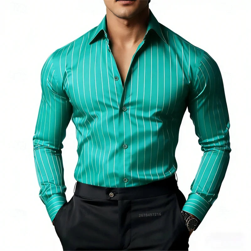 Men's Striped Long-Sleeved Shirt, Business Casual, Versatile, with Lapel Collar and Button Design, Available in 19 Colors.