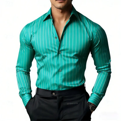 Men's Striped Long-Sleeved Shirt, Business Casual, Versatile, with Lapel Collar and Button Design, Available in 19 Colors.