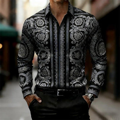 Men's Shirt Luxury Baroque Style Gold Pattern Long Sleeve Shirt Fashion Slim Palace HD Print Shirt AliExpress Hot Sale XS-6XL