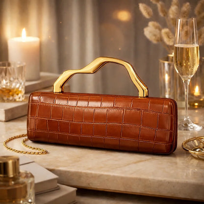 Luxury Burgundy Crocodile Pattern PU Evening Clutch with Gilded Shaped Handle for Ladies Fashionable Party Handbag