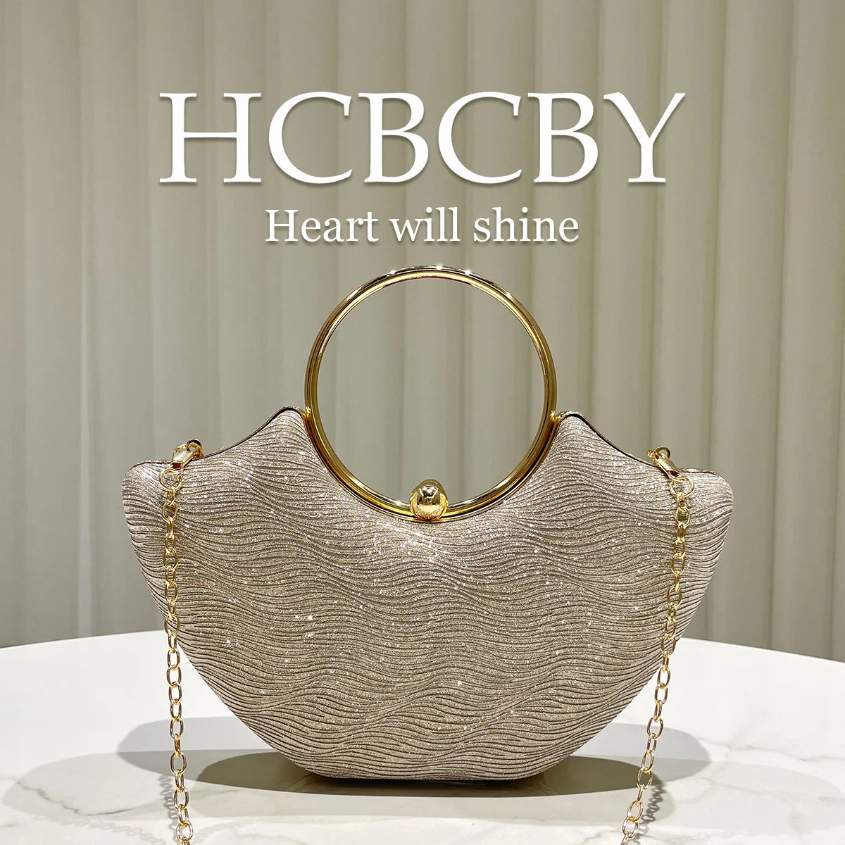 Gold shiny elegant water ripple ring handbag, women's fashion temperament dinner bag, bridal evening dress bag