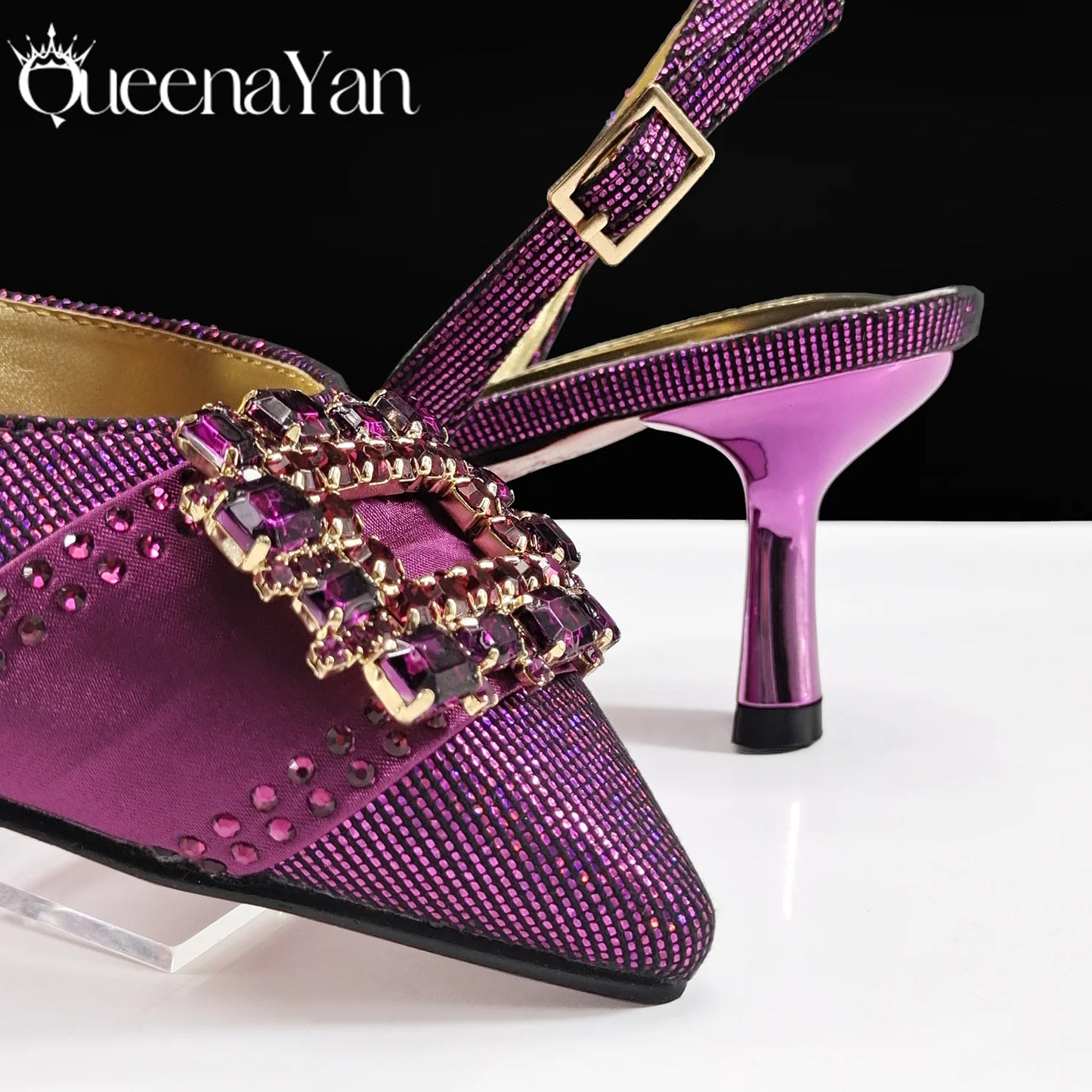 Queena Yan Nigeria Elegant Noble Party Wedding Shoes And Bag Pointed Toe Decorated With Rhinestone Women Heel Shoes