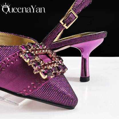 Queena Yan Nigeria Elegant Noble Party Wedding Shoes And Bag Pointed Toe Decorated With Rhinestone Women Heel Shoes