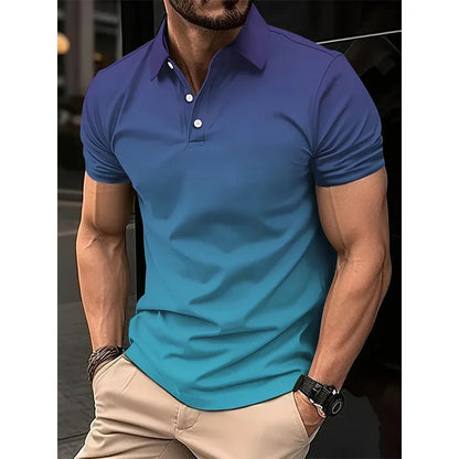 Men's fashion gradient color shirt polo lapel golf shirt short-sleeved printed button clothing, fashionable design, casual and b
