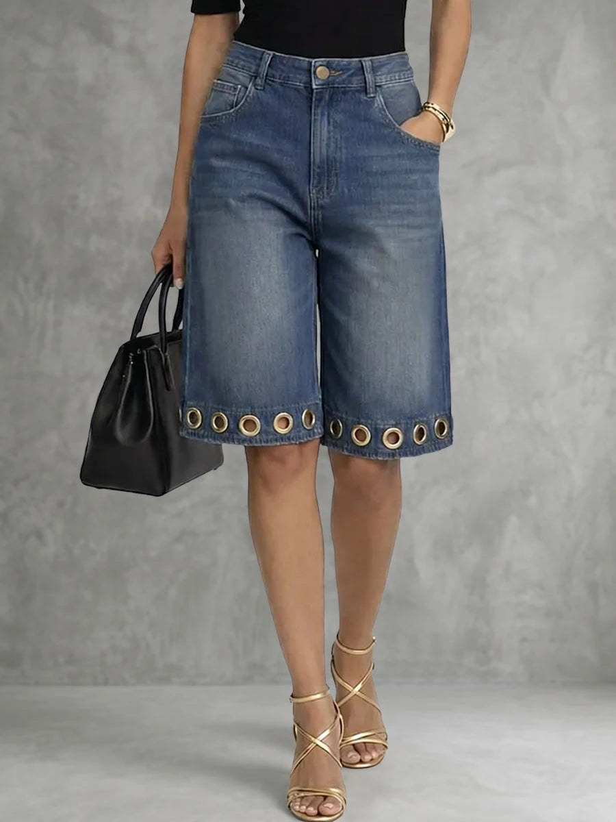 Bonboho Women's Eyelet Trim Denim Shorts Mid Blue High Waisted Wide Leg Bermuda Style Short Jeans 2026 New Streetwear Pants