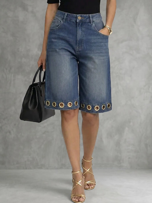 Bonboho Women's Eyelet Trim Denim Shorts Mid Blue High Waisted Wide Leg Bermuda Style Short Jeans 2026 New Streetwear Pants