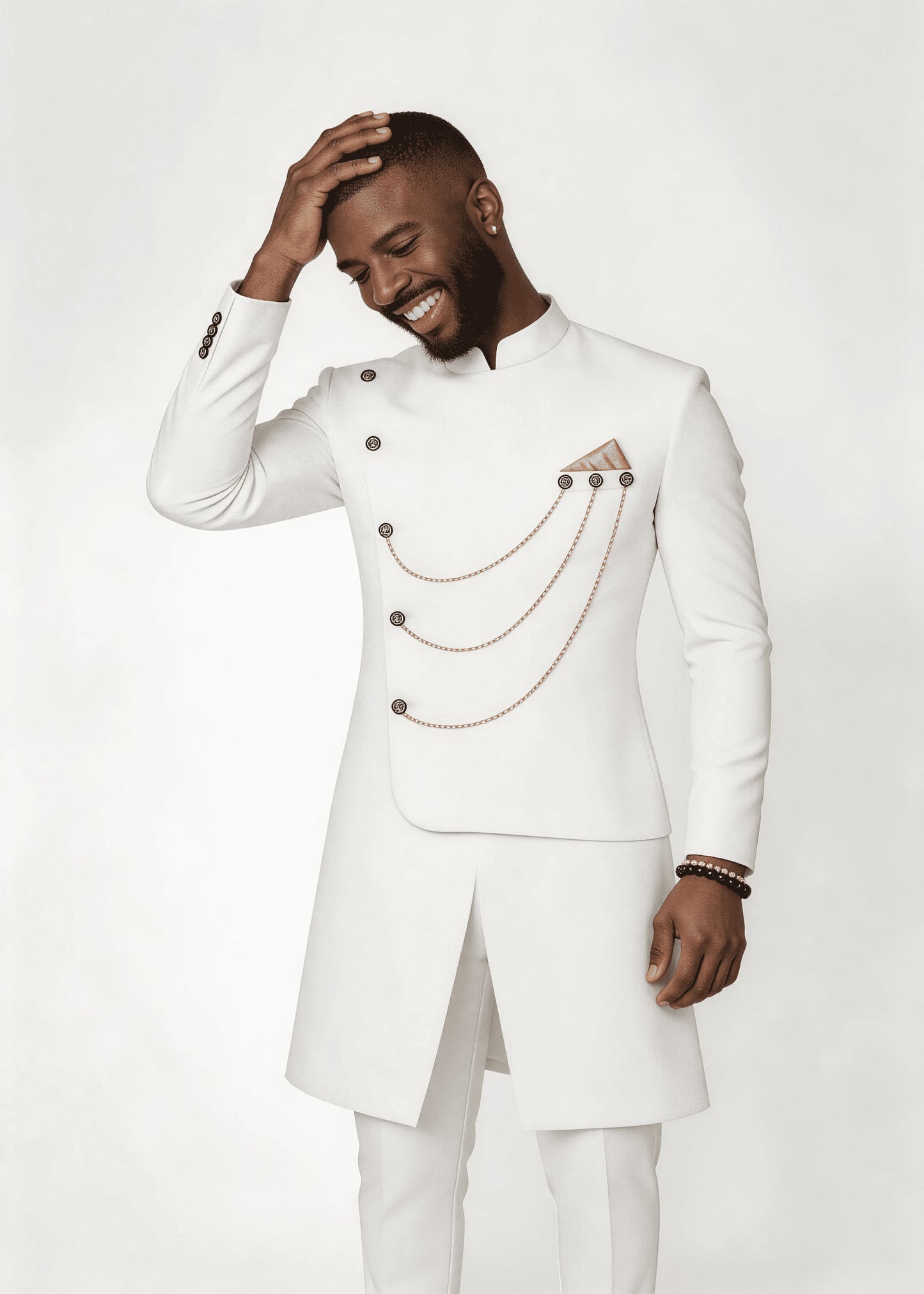 Men’s Solid White Gold Chain Decor Asymmetrical Formal Wear Set Stand Collar 2 Piece Wedding Groom Tunic Jacket & Pants Prom Hom