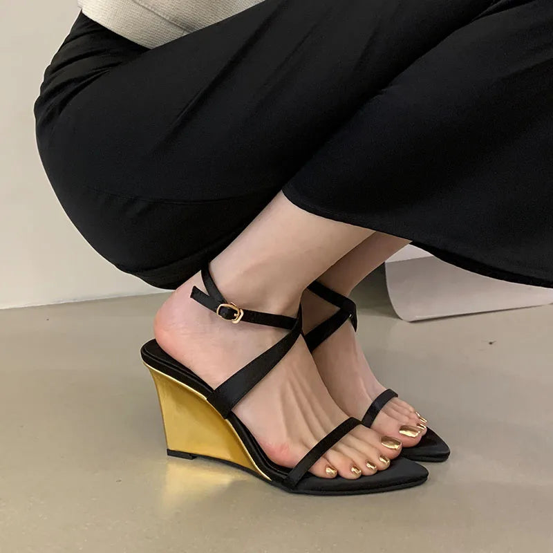 Wedges Sandals High Heels Shoes For Women New In Summer Spring Ankle Strap Luxury Thick Soled Shoes Party Ladies Heeled Sandals