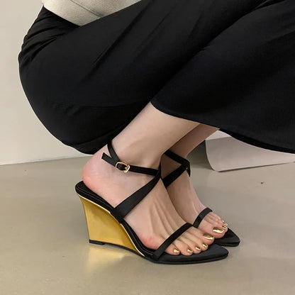 Wedges Sandals High Heels Shoes For Women New In Summer Spring Ankle Strap Luxury Thick Soled Shoes Party Ladies Heeled Sandals