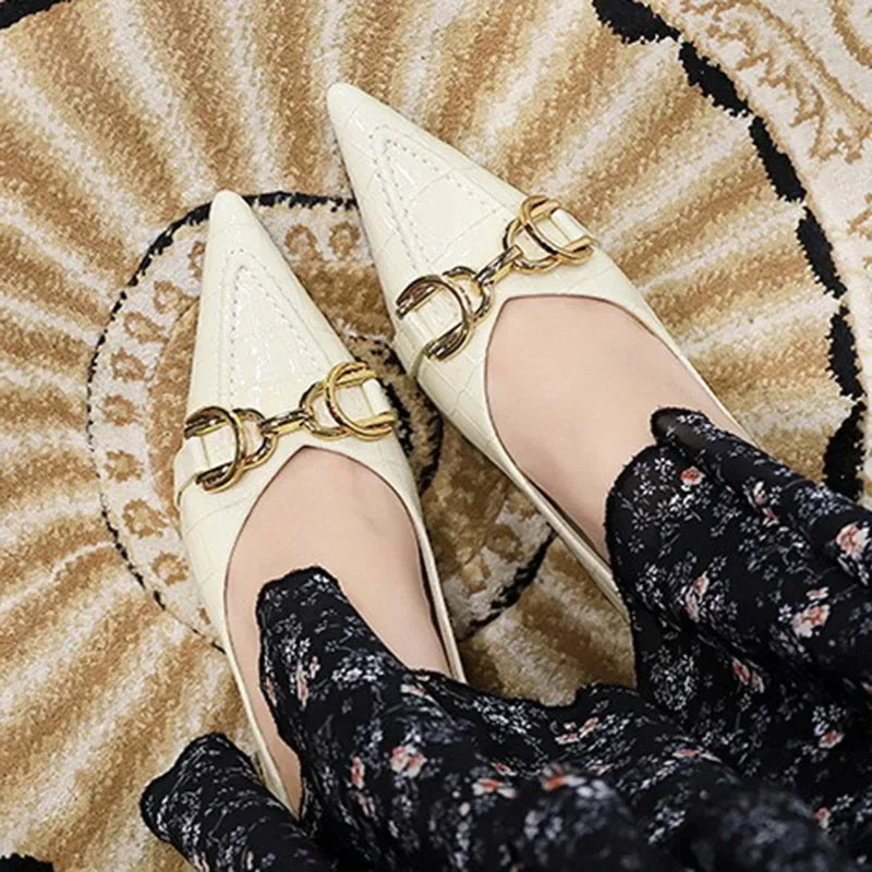 Women 4.5cm High Heels Elegant Patent Leather Pumps Female Sexy Metal Buckle High Heels Lady Fashion Pointed Toe Shallow Shoes