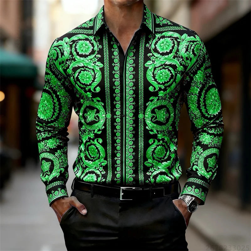 Men's Shirt Luxury Baroque Style Gold Pattern Long Sleeve Shirt Fashion Slim Palace HD Print Shirt AliExpress Hot Sale XS-6XL