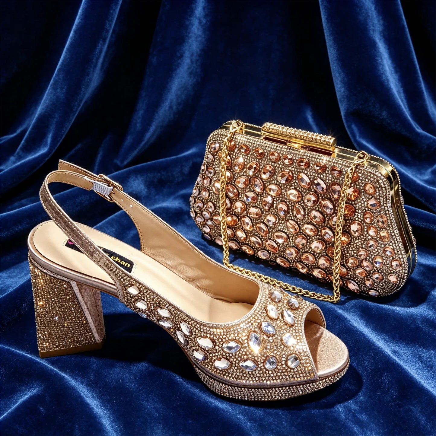 Venus Chan Elegant Gold Striped Peep Toe High Heels and Matching Bag Set – Rhinestone Decor for Parties and Weddings