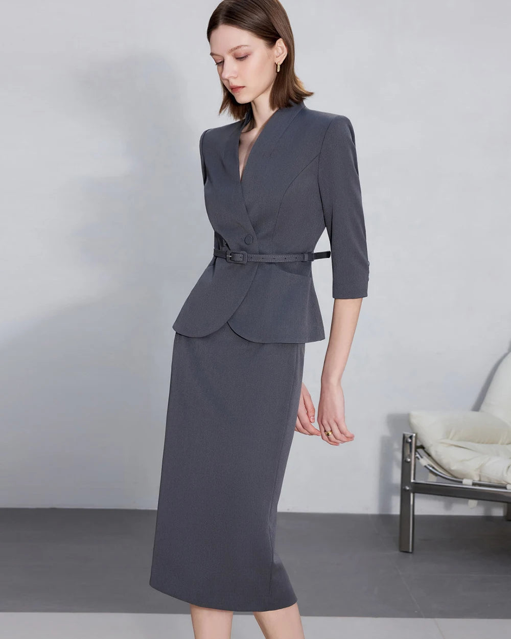 Two-Piece Suit For Women, Navy Blue Luxury Fashion Workplace Two-Piece Skirt Set, Minimalist Elegant Three-Quarter Sleeve Design