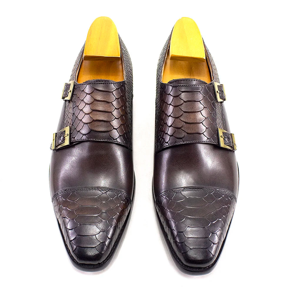 Luxury Double Buckle Monk Strap Men's Dress Shoes Genuine Leather Classic Crocodile Pattern Formal Business Office Footwear