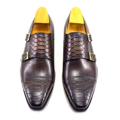Luxury Double Buckle Monk Strap Men's Dress Shoes Genuine Leather Classic Crocodile Pattern Formal Business Office Footwear
