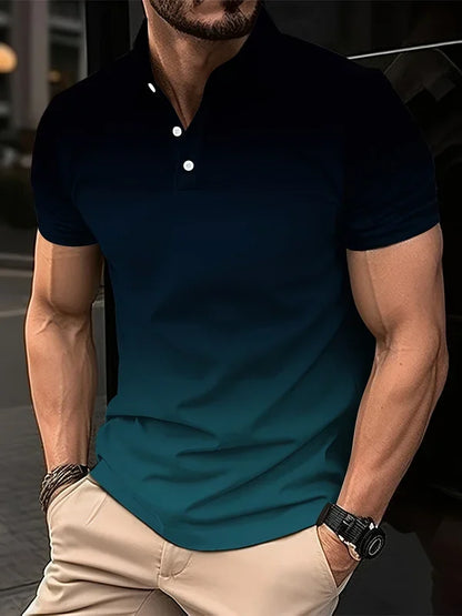 Men's fashion gradient color shirt polo lapel golf shirt short-sleeved printed button clothing, fashionable design, casual and b