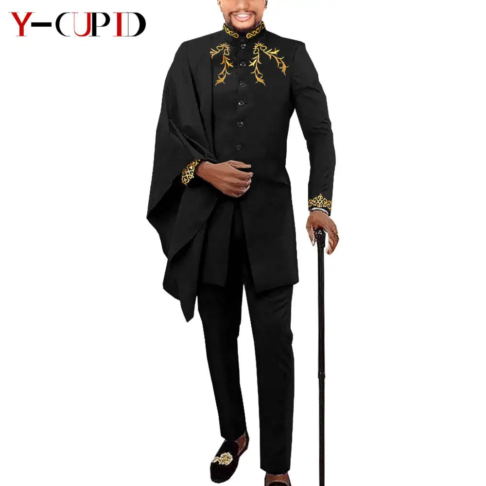 African Couple Matching Clothes for Wedding Women Slim Mermaid Dress Bazin Riche Men Irregular Jacket Pant Sets with Hat Y23C011