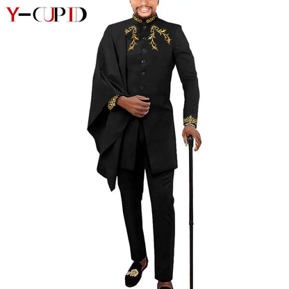 African Couple Matching Clothes for Wedding Women Slim Mermaid Dress Bazin Riche Men Irregular Jacket Pant Sets with Hat Y23C011
